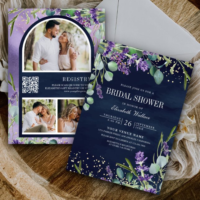 Lavender Eucalyptus QR Code Navy Bridal Shower Invitation (Creator Uploaded)