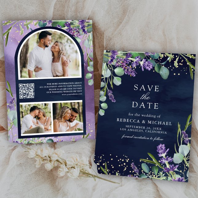 Lavender Eucalyptus QR Code Photo Navy Wedding Save The Date (Creator Uploaded)