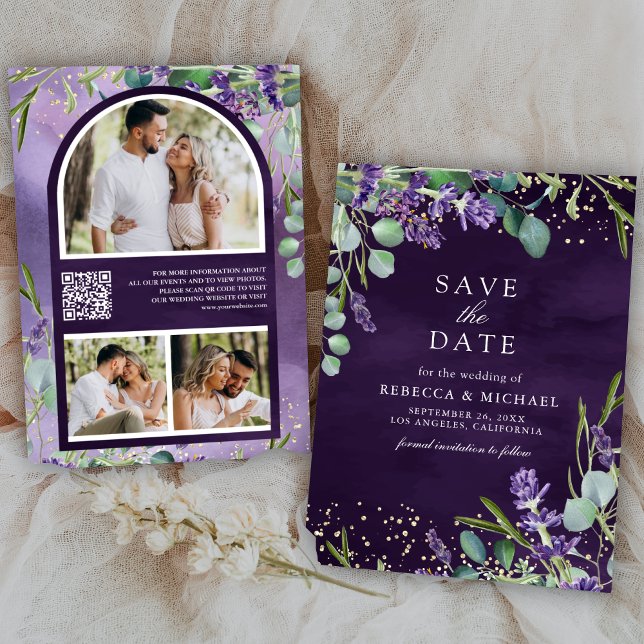 Lavender Eucalyptus QR Code Photo Purple Wedding Save The Date (Creator Uploaded)