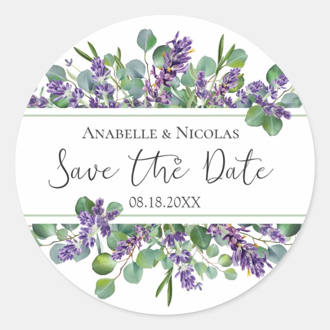 Lavender Eucalyptus Save the date Sticker (Front)
