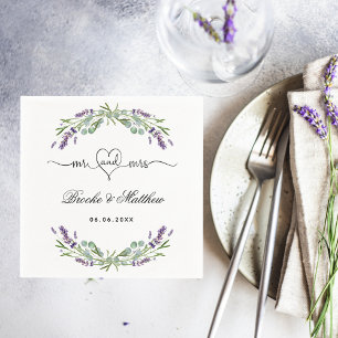 Lavender eucalyptus script mr mrs heart wedding napkin