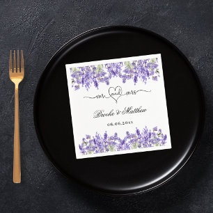 Lavender eucalyptus script mr mrs heart wedding napkin