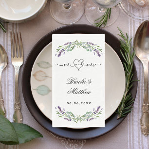 Lavender eucalyptus script mr mrs heart wedding napkin