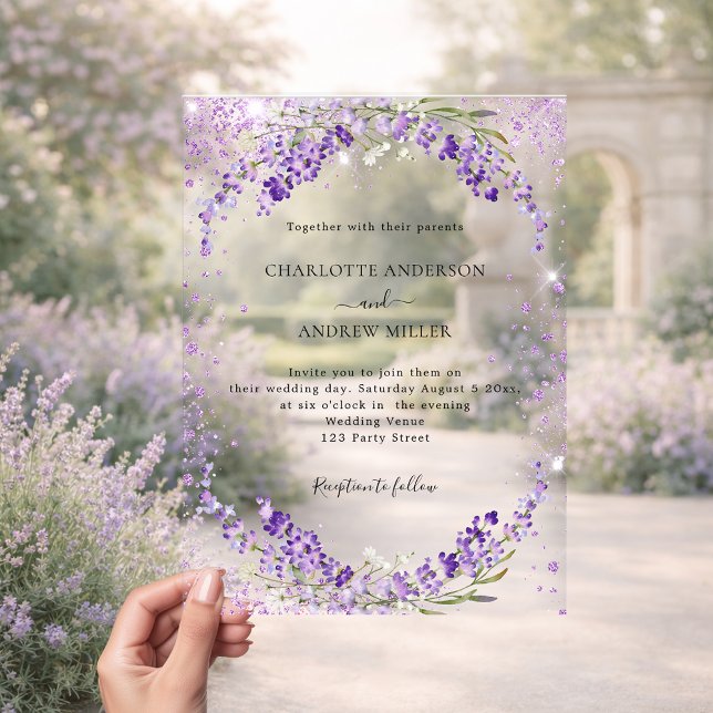 Lavender eucalyptus sparkles evening wedding  acrylic invitations (Creator Uploaded)