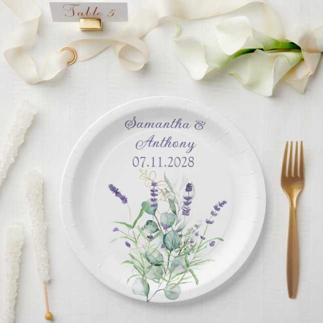 Lavender Eucalyptus Watercolor Herbs Purple  Paper Plate (Wedding)