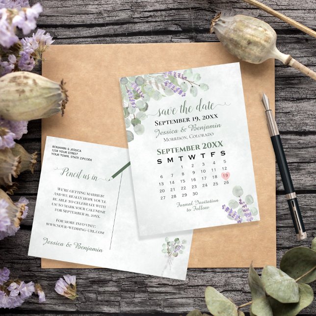Lavender Eucalyptus Wedding Save the Date Calendar Announcement Postcard (Creator Uploaded)
