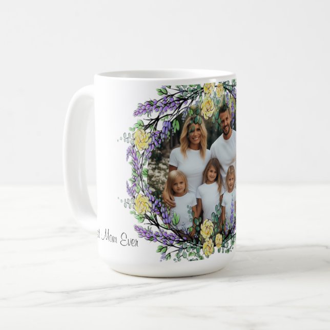Lavender eucalyptus yellow rose personalised photo coffee mug (Front Left)
