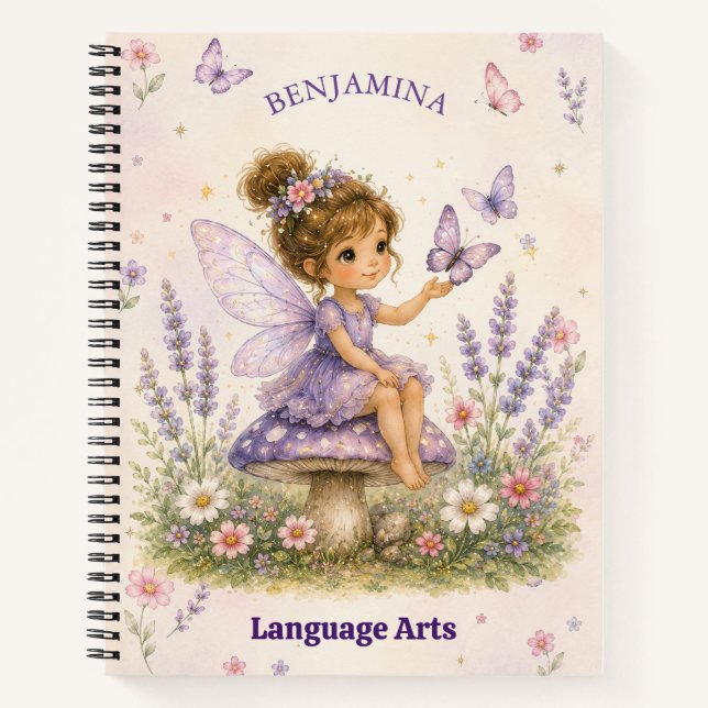 Lavender Fairy Garden Name and Subject Design Notebook (Front)