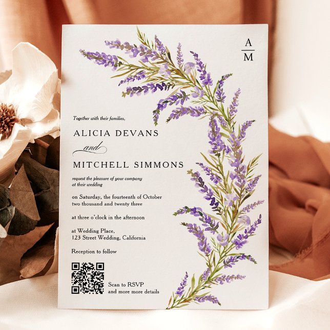 Lavender Fall autumn floral watercolor QR wedding  Invitation (Lavender Fall autumn floral watercolor QR wedding Invitation)