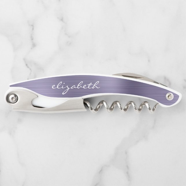 Lavender Faux Brushed Metal Personalised Script Corkscrew (Front)