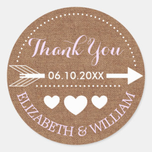 Lavender & Faux Burlap Wedding Thanks Arrow Heart Classic Round Sticker