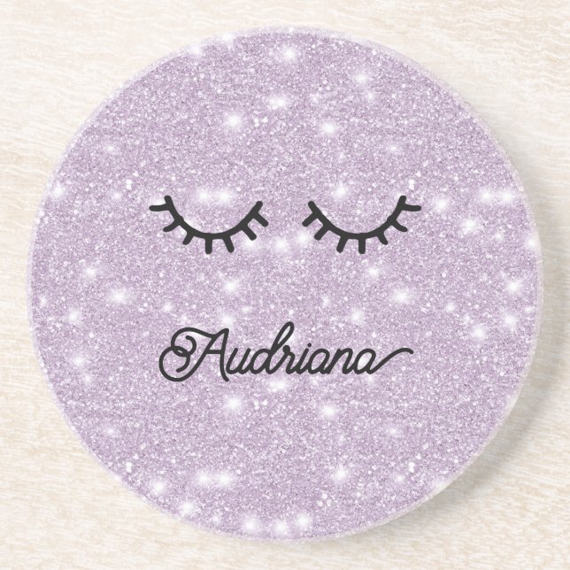 Lavender Faux Glitter Eyelashes Personalized Name Coaster (Front)