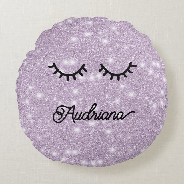 Lavender Faux Glitter Eyelashes Personalized Name Round Cushion (Front)