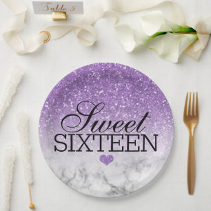 Lavender Faux Glitter/Marble Sweet 16 Paper Plate