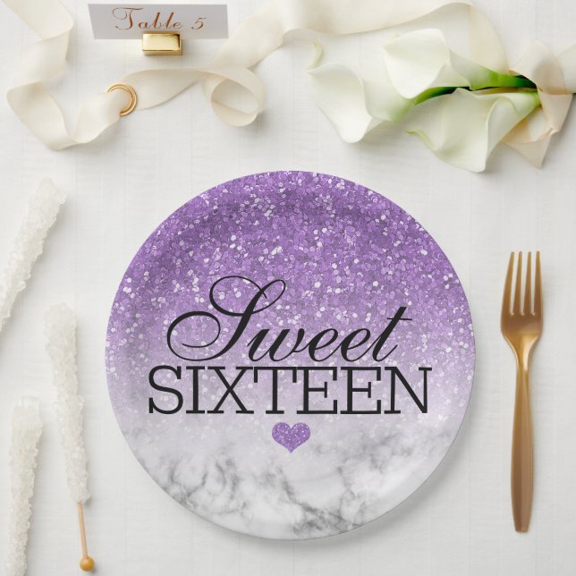 Lavender Faux Glitter/Marble Sweet 16 Paper Plate (Wedding)