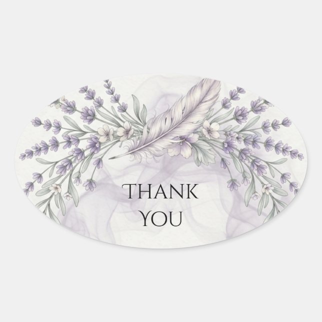Lavender Feather Boho Wedding Thank You Oval Sticker (Front)