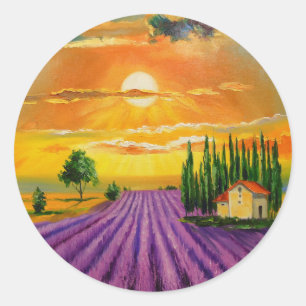 Lavender field at sunset classic round sticker
