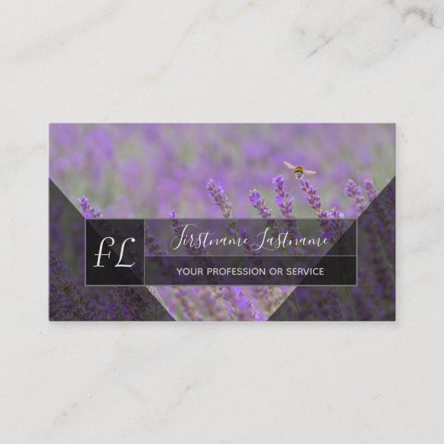 Lavender field bumblebee grey triangles monogram b business card (Front)
