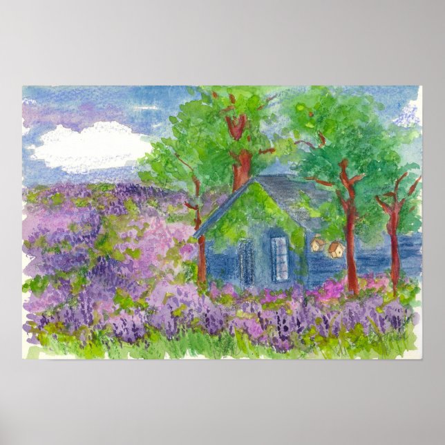 Lavender Fields Country Cabin Watercolor Painting Poster (Front)