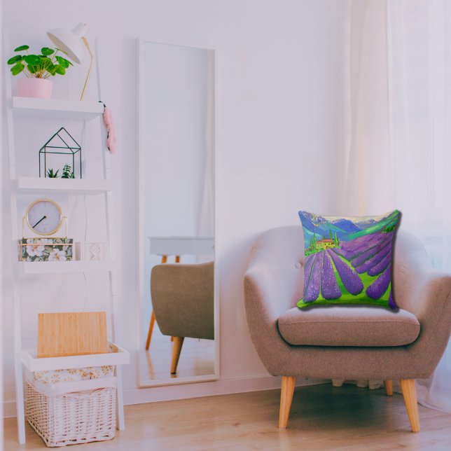 Lavender fields in front of mountains cushion (Creator Uploaded)