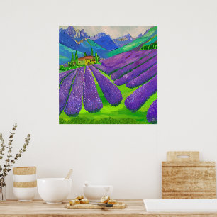 Lavender fields in front of mountains poster