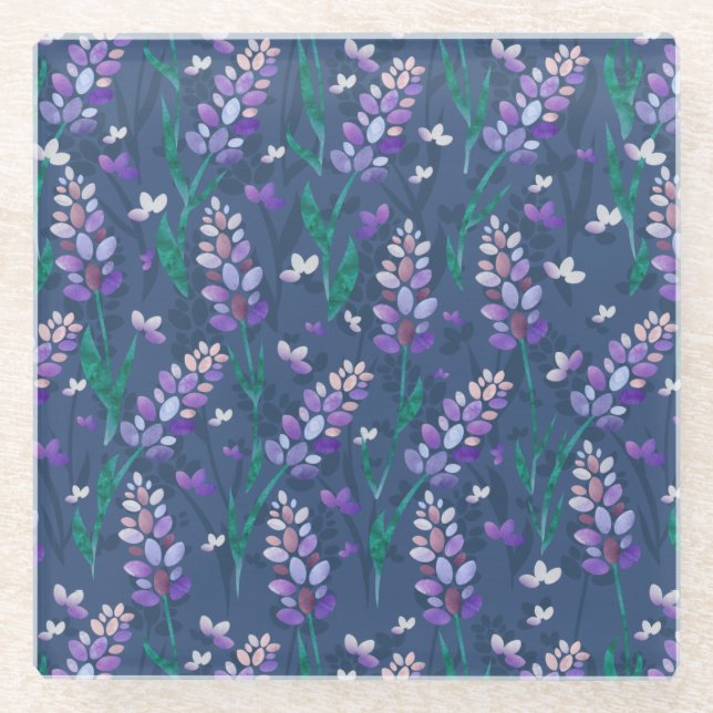 Lavender Fields Pattern in Purple Glass Coaster (Front)