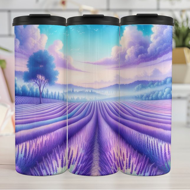 Lavender Fields, Purple Dream, Serene Sky. Thermal Tumbler (Creator Uploaded)