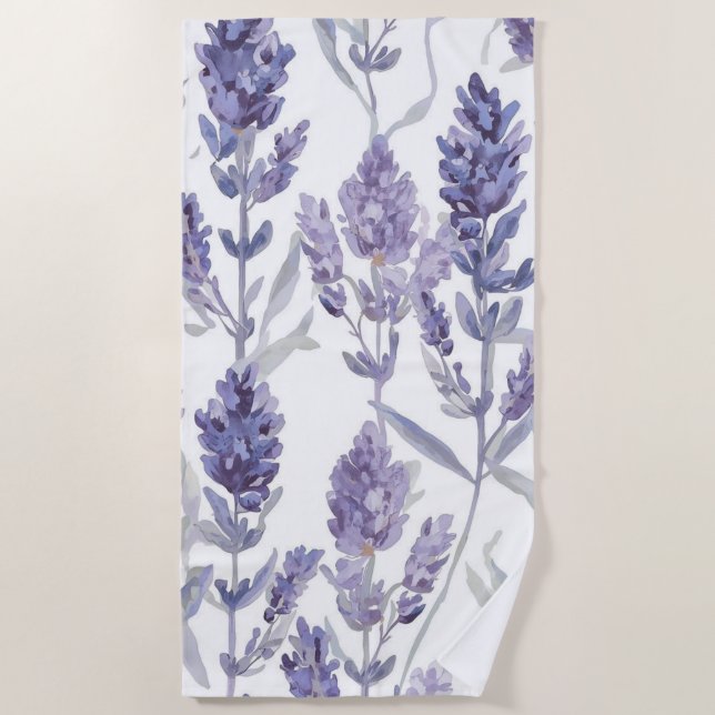 Lavender Fields | Purple Watercolor Flower Pattern Beach Towel (Front)