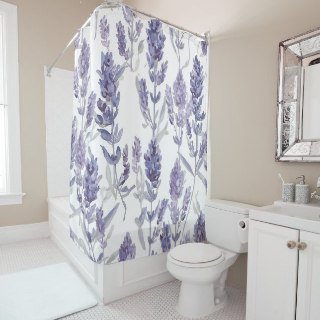 Lavender Fields | Purple Watercolor Flower Pattern Shower Curtain (In Situ)