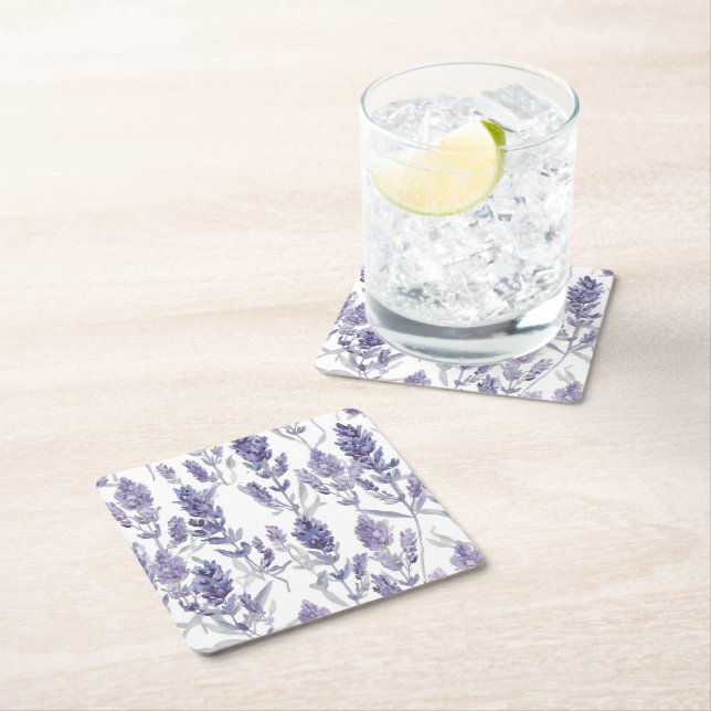 Lavender Fields | Purple Watercolor Flower Pattern Square Paper Coaster (Insitu)