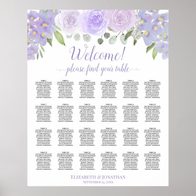 Lavender Floral 24 Table Wedding Seating Chart (Front)