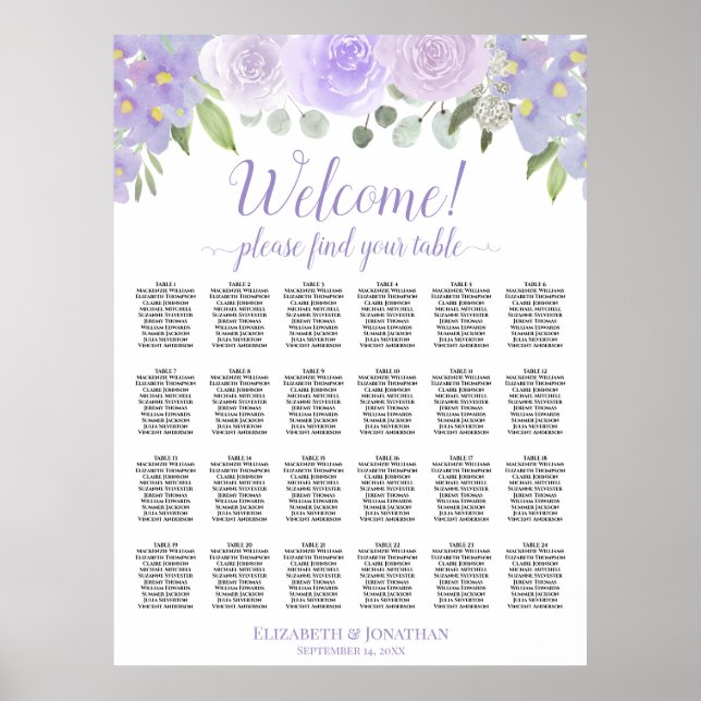 Lavender Floral 24 Table Wedding Seating Chart (Front)
