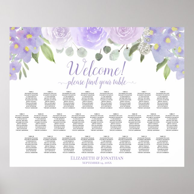 Lavender Floral 25 Table Wedding Seating Chart (Front)
