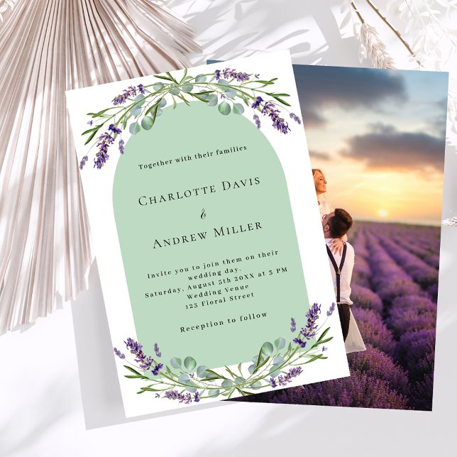 Lavender floral arch photo sage green wedding invitation (Creator Uploaded)