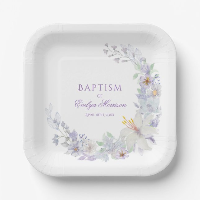 Lavender Floral Baptism Paper Plates (Front)