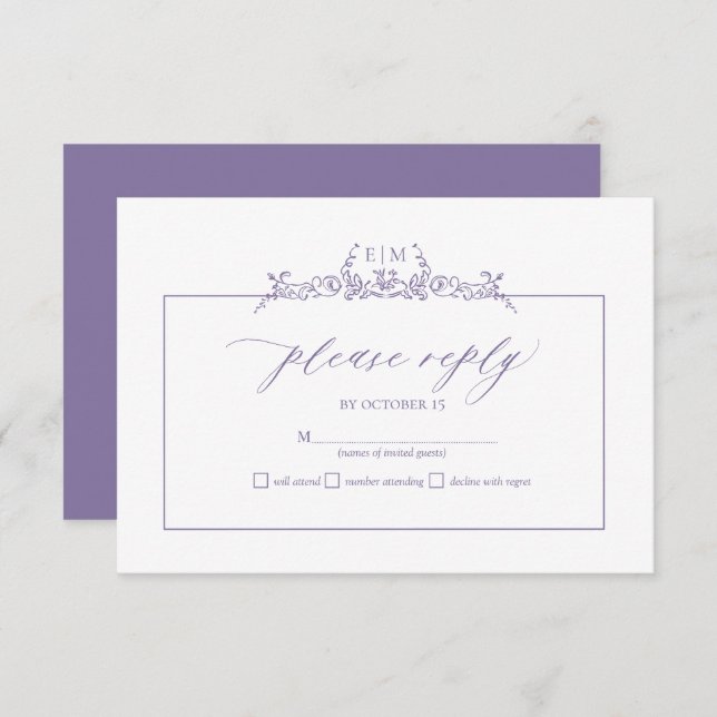 Lavender Floral Border Monogram Wedding RSVP Card (Front/Back)