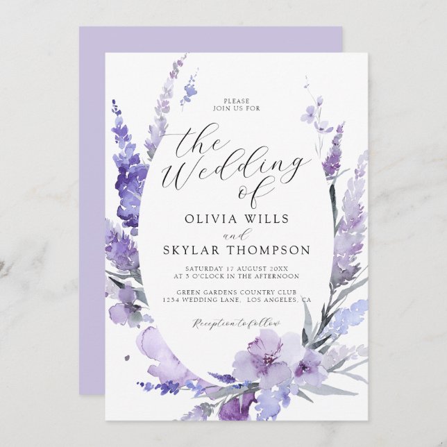 Lavender Floral Botanical Lilac Mauve Wedding  Invitation (Front/Back)
