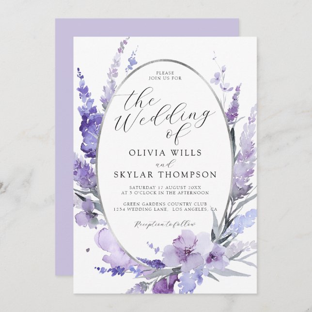 Lavender Floral Botanical Lilac Silver Wedding  Invitation (Front/Back)