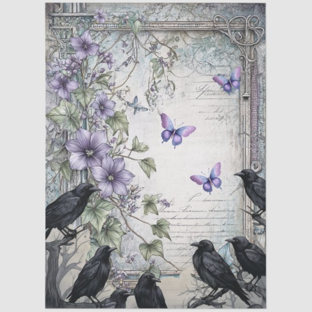 Lavender Floral Butterflies & Raven Decoupage Tissue Paper (Front)