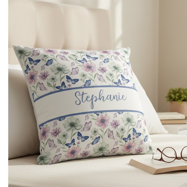 Lavender Floral Butterfly Monogram Cushion (Personalized floral butterfly throw pillow)