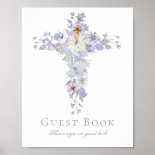 Lavender Floral Cross Baptism Guest Book Sign