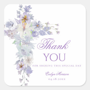 Lavender Floral Cross Baptism Sticker