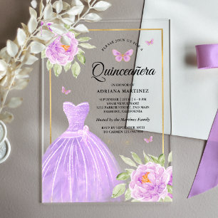 Lavender Floral Dress Butterfly Gold Quinceanera Acrylic Invitations