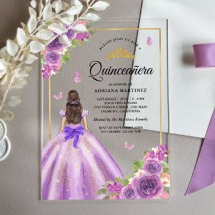 Lavender Floral Dress Butterfly Gold Quinceanera Acrylic Invitations