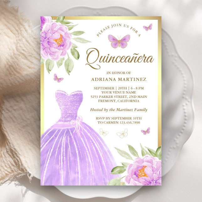 Lavender Floral Dress Butterfly Gold Quinceanera Invitation (Creator Uploaded)