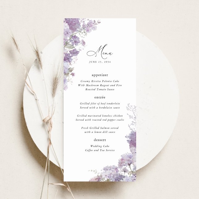 Lavender Floral Elegant Wedding Reception Dinner Menu (Lavender floral wedding menu card watercolor lilac purple wedding reception menu elegant table decor)