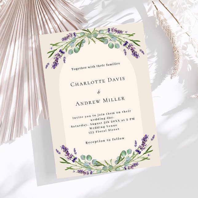 Lavender floral eucalyptus greenery beige wedding invitation (Creator Uploaded)