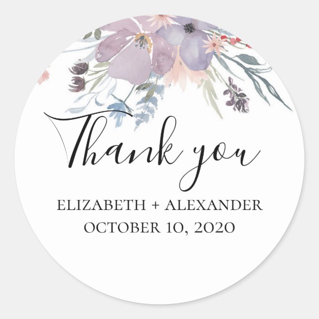Lavender floral favour thank you. Purple wedding Classic Round Sticker (Front)