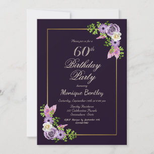 Lavender Floral Gold Border Purple 60th Birthday Invitation