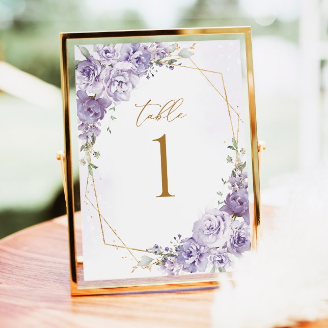 Lavender Floral Gold Geometric Table Numbers (Lavender Floral Gold Geometric Wedding Table Number, elegant purple rose wedding table numbers)